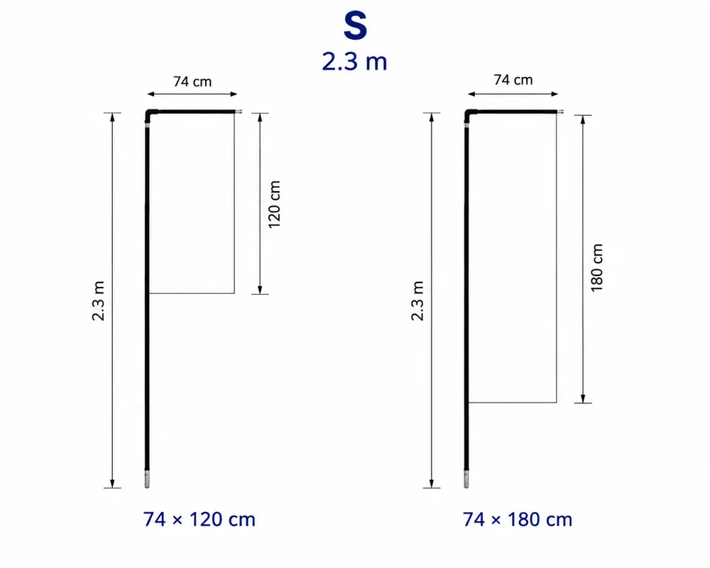 Steag dreptunghiular S pentru sistem 2.3 m, dimensiuni 74 x 120 cm și 74 x 180 cm