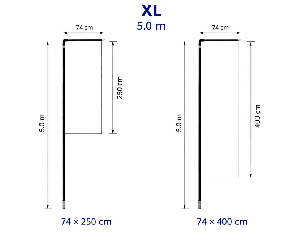 Steag dreptunghiular XL pentru sistem 5.0 m, dimensiuni 74 x 250 cm și 74 x 400 cm